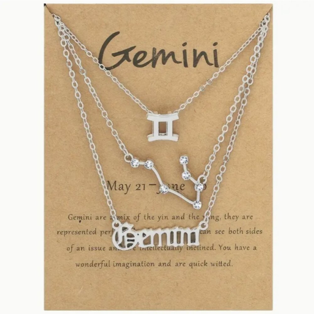 🍏50% OFF/3+...♊  3-piece zodiac Gemini link chain necklace set (Silver tone)